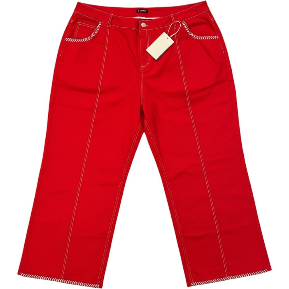 Flamingals Wide Leg Denim Pants Women Red White Contrast Stitching Embroidered